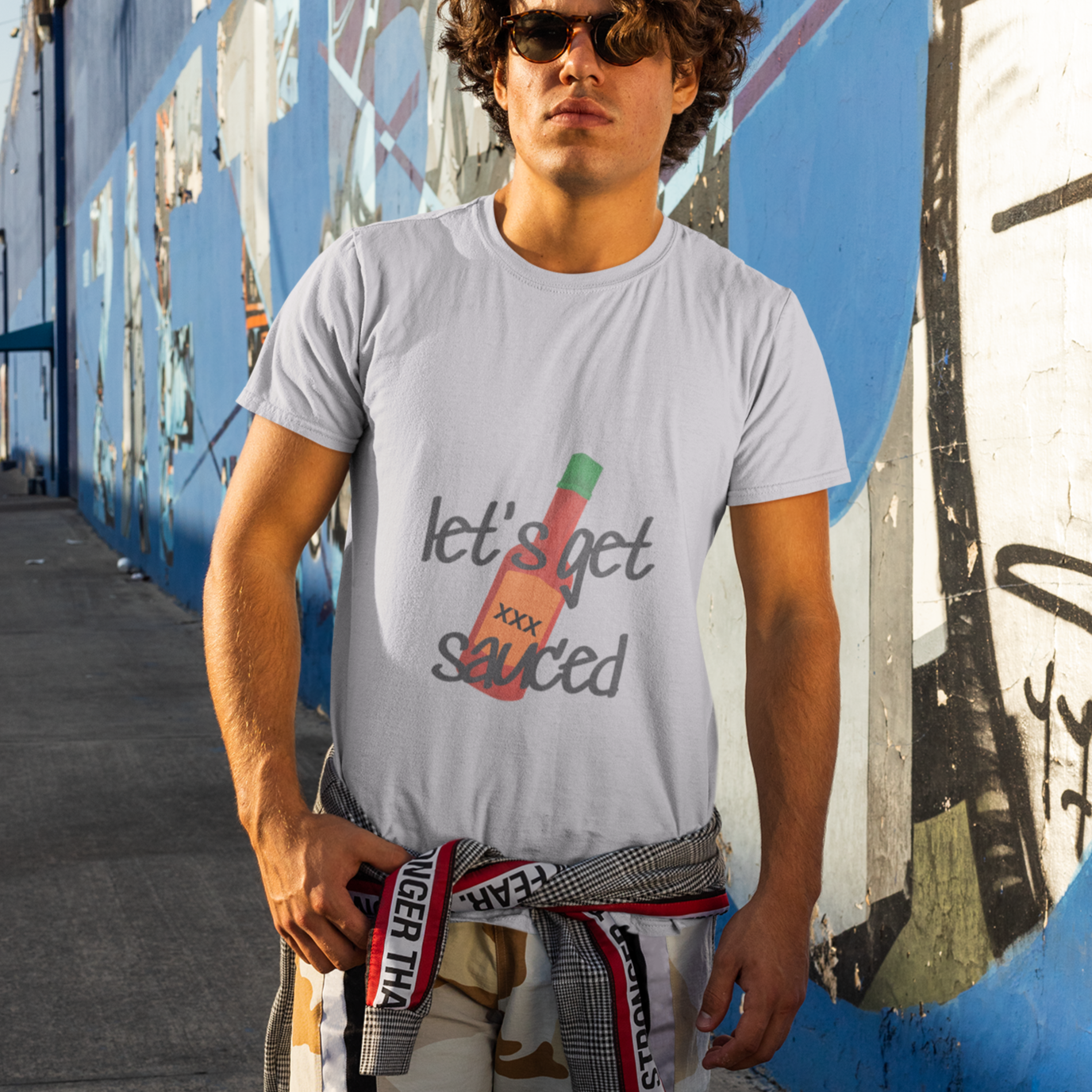 let's get sauced light gray t-shirt on man