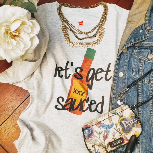 let's get sauced light gray t-shirt flatlay