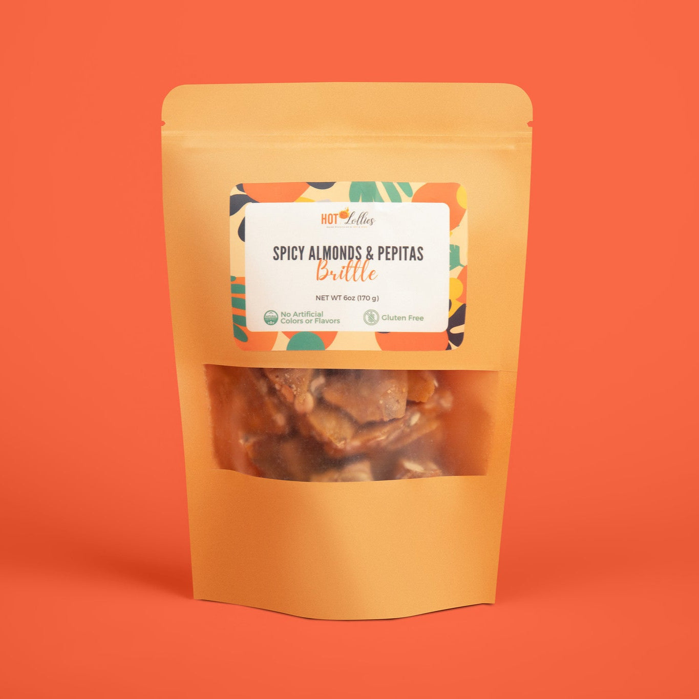 a bag of spicy almonds and pumpkin seed brittle candy