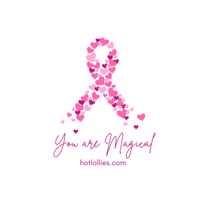 Pink ribbon made of hearts with 'You are Magical' text and website 'hotlollies.com' on a white background