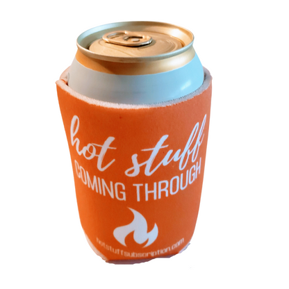 beer can in a hot stuff coming through orange koozie