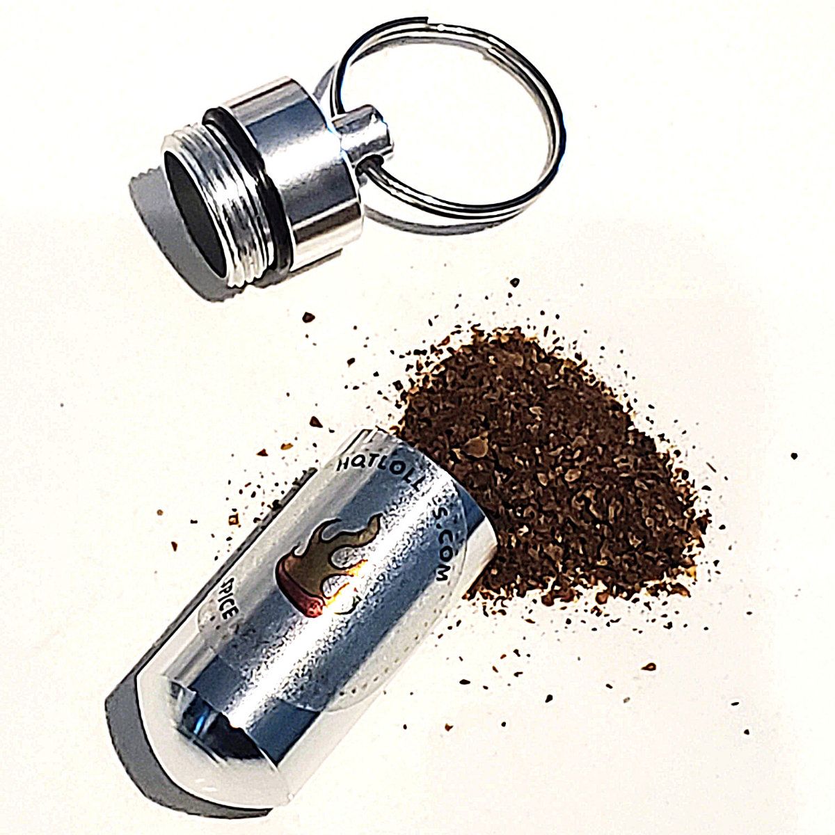 silver spice vial key chain with spices